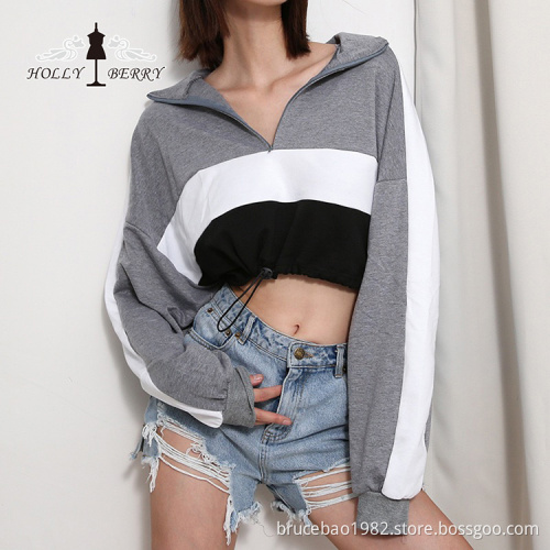 Short Turn-down Collar Cotton Full Midriff-baring Women Hooded Sweatshirt Zipper